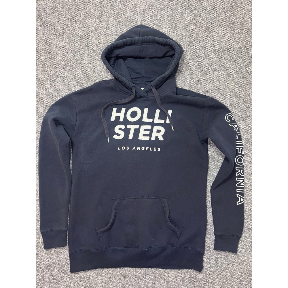 Hollister Men's M Navy Blue Pullover Hoodie Fleece Graphic Print Logo Hooded